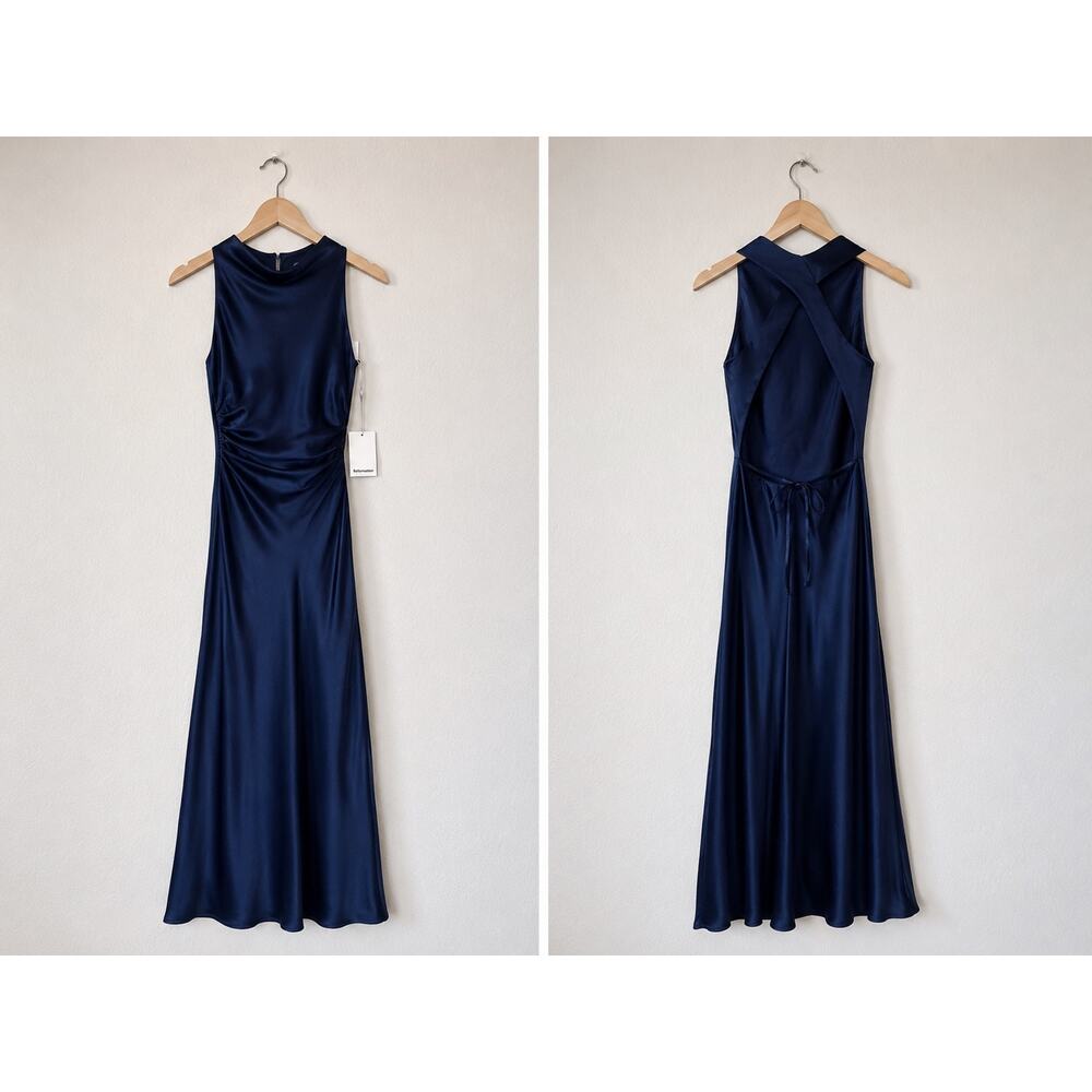 Reformation Anaiis Silk Maxi Dress Navy US4 - Picture 4 of 7